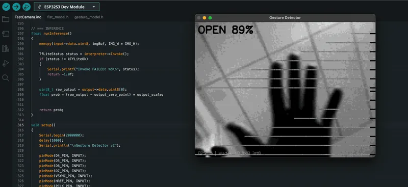 Inference running on the ESP32-S3 — OV7670 grayscale view of a hand on the right with "OPEN 89%" overlaid; the inference C code visible on the left