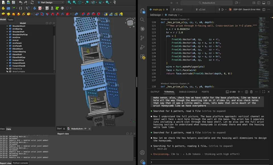 FreeCAD on the left rendering the arm geometry; Claude Code on the right writing the Python script