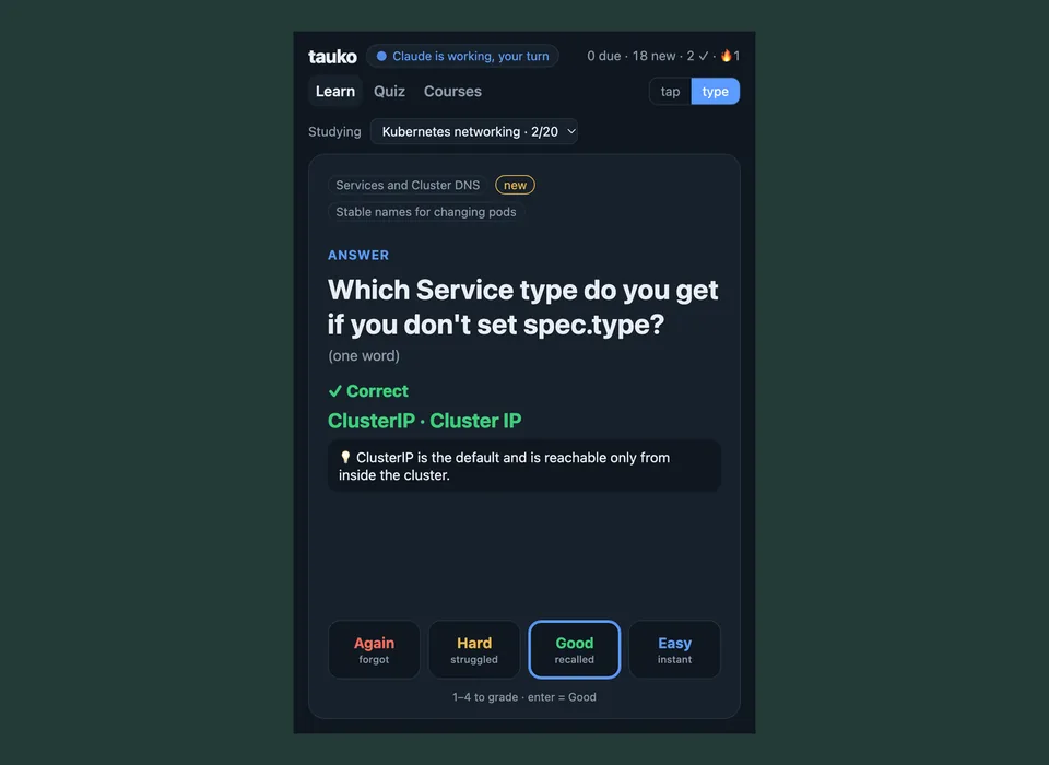 The tauko web app in a phone-sized browser, showing a card and the Claude is working banner