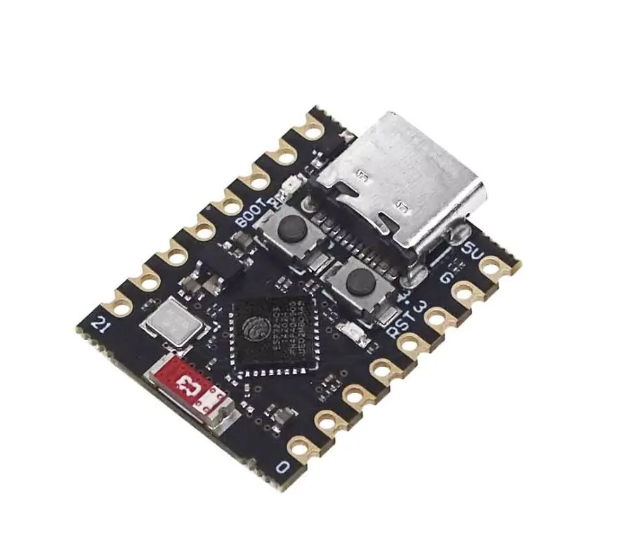 Black ESP32-C3 Super Mini development board with a USB-C connector, boot and reset buttons, and labelled pins along both sides